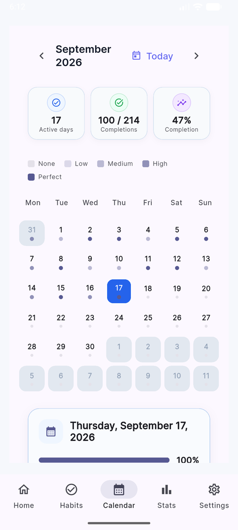 StreakFlow calendar view of completion history
