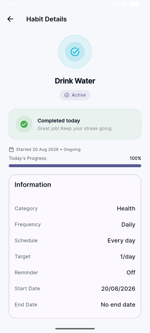 StreakFlow habit detail screen with streak info